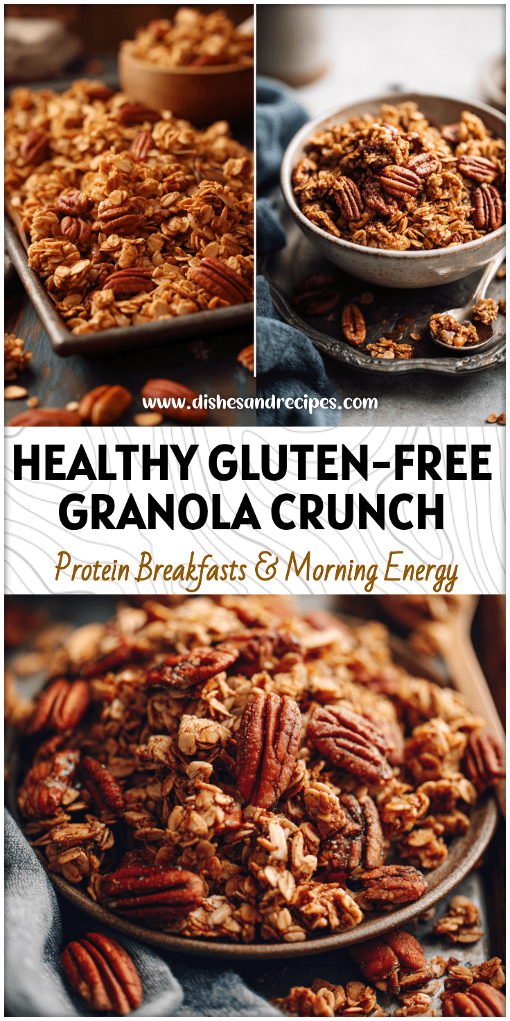 Homemade gluten free granola healthy blend of oats, maple syrup, and toasted pecans on a rustic tray.